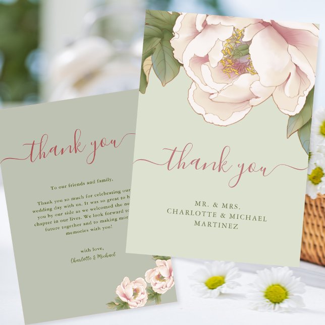 Elegant Sage and Blush Peony Rose Floral Wedding T Thank You Card (Creator Uploaded)