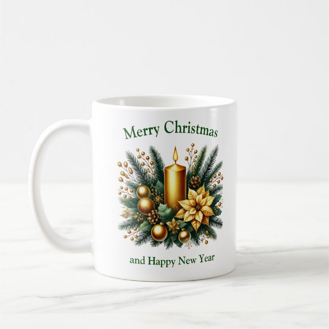 Elegant sage and gold Christmas candle and pine  Coffee Mug (Left)