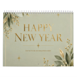 Elegant Sage and Gold Happy New Year Greeting Calendar