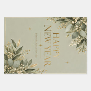 Elegant Sage and Gold Happy New Year Greeting Wrapping Paper Sheet