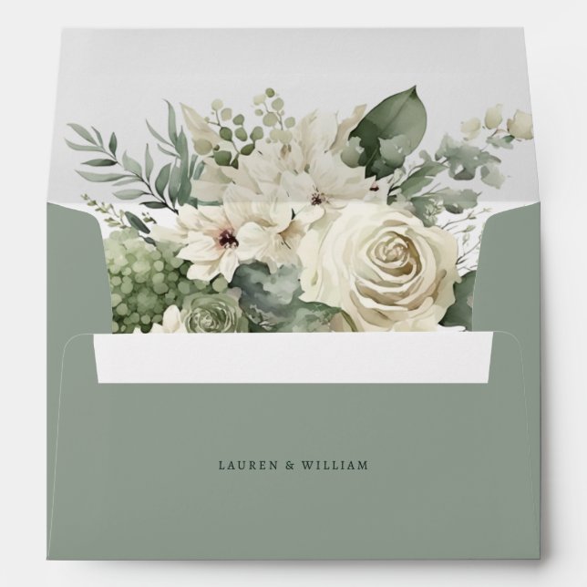 Elegant Sage and Ivory Floral Greenery Wedding Envelope (Back (Bottom))