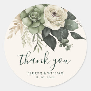 Elegant Sage and Ivory Floral Wedding Thank You Classic Round Sticker
