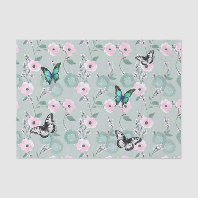 Elegant Sage and Pink Florals with Butterflies Tissue Paper (Front)
