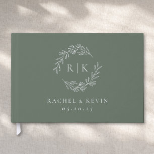 Elegant Sage and Silver Foliage Monogram Wedding Guest Book