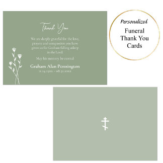 Elegant Sage and White Flowers Orthodox Funeral Thank You Card