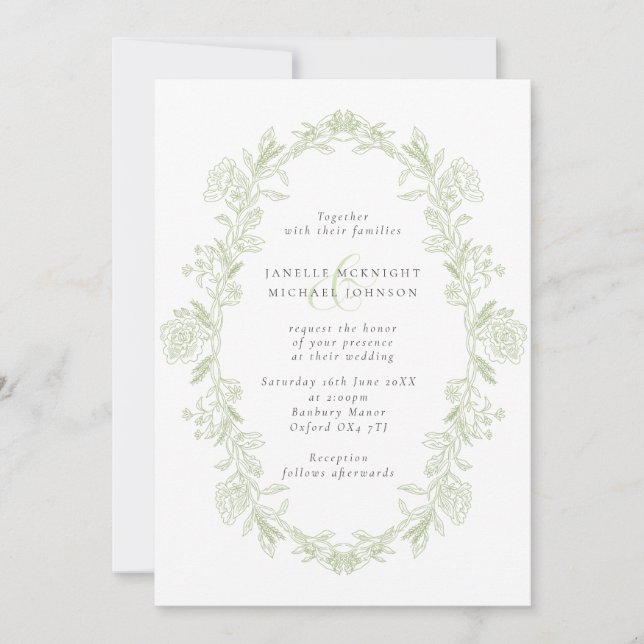 Elegant Sage Baroque Floral Wreath Wedding Invitation (Front)