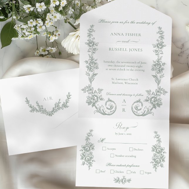 Elegant Sage Baroque Roses Wedding All In One Invitation (Creator Uploaded)