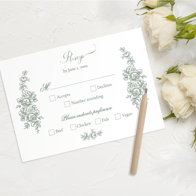 Elegant Sage Baroque Roses Wedding RSVP Card (Creator Uploaded)