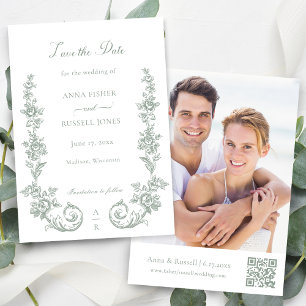 Elegant Sage Baroque Roses Wedding Save The Date