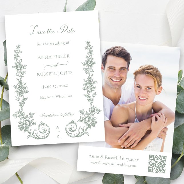 Elegant Sage Baroque Roses Wedding Save The Date (Creator Uploaded)