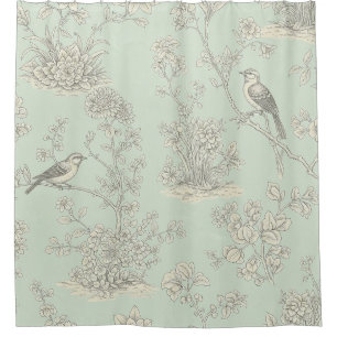 Elegant Sage Bird Botanical Toile Pattern Shower Curtain