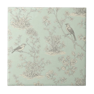 Elegant Sage Bird Botanical Toile Pattern Tile