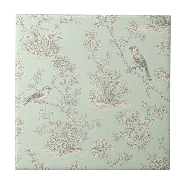 Elegant Sage Bird Botanical Toile Pattern Tile (Front)