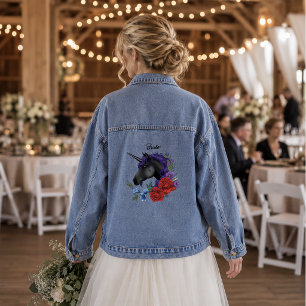 Elegant Sage Black Unicorn Floral Fantasy Wedding Denim Jacket