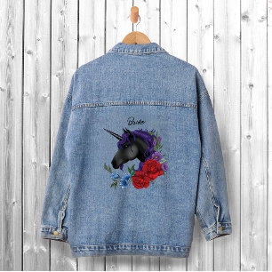 Elegant Sage Black Unicorn Floral Fantasy Wedding Denim Jacket