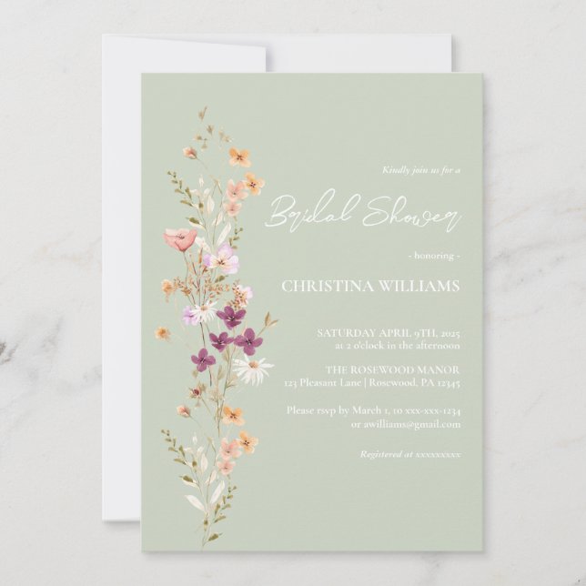 Elegant Sage Boho Wildflowers Bridal Shower Invitation (Front)