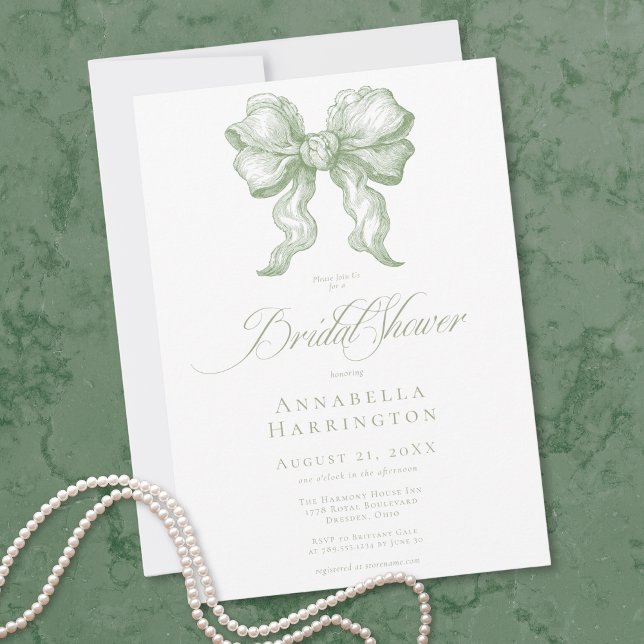 Elegant Sage Bow Toile French Bridal Shower Invitation (Elegant Sage Bow Toile French Bridal Shower Invitation)