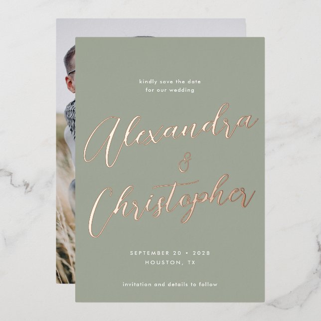 Elegant Sage Calligraphy Wedding Save the Date (Front/Back)