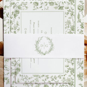 Elegant Sage Chinoiserie Crest Wedding Invitation Belly Band