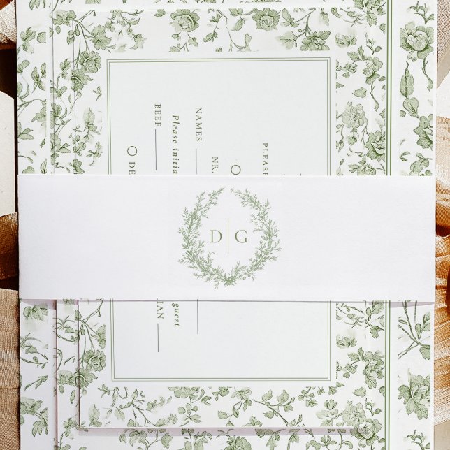 Elegant Sage Chinoiserie Crest Wedding Invitation Belly Band (Creator Uploaded)