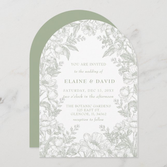 Elegant Sage Chinoiserie Floral Botanical Wedding Invitation (Front/Back)