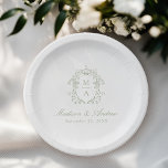 Elegant Sage Chinoiserie Monogram Crest Wedding Paper Plate<br><div class="desc">Add a personalised, romantic touch to your wedding reception, engagement party, couples shower, or rehearsal dinner with Elegant Sage Green Chinoiserie Victorian Floral paper plates. The elegant wedding paper plates feature an intricate sage green chinoiserie crest surrounding the couple's monogram initials. Your names are displayed in a classic sage green...</div>