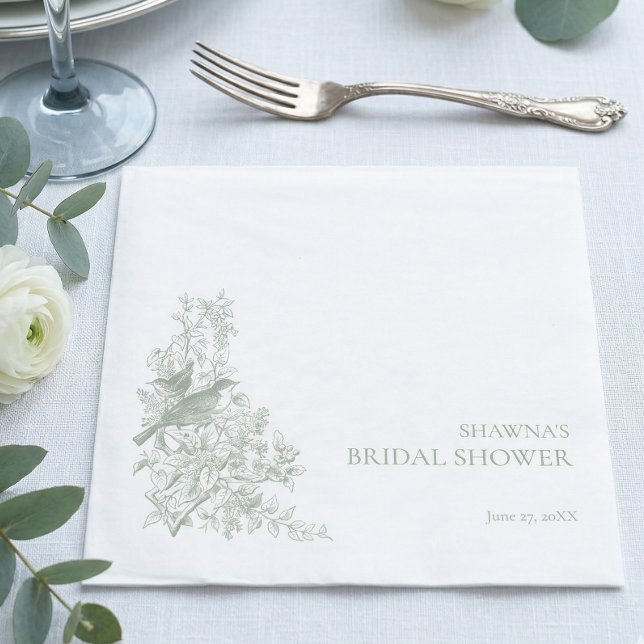 Elegant Sage Chinoiserie Nature Bird Bridal Shower Napkin (Creator Uploaded)
