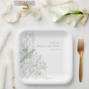 Elegant Sage Chinoiserie Nature Bird Bridal Shower Paper Plate