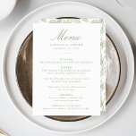 Elegant Sage Chinoiserie Victorian Floral Wedding Menu<br><div class="desc">Elevate your wedding reception with our Elegant Sage Green Chinoiserie Floral wedding menu. Designed with graceful sage green calligraphy on a clean white background, this menu is fully customisable with your names, wedding date, and menu details. The reverse side features a gorgeous sage green and white Chinoiserie floral pattern, adding...</div>