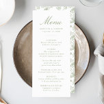 Elegant Sage Chinoiserie Victorian Floral Wedding Menu<br><div class="desc">Create a stunning dining experience with our Elegant Sage Green Chinoiserie Floral wedding menu. Featuring elegant sage green calligraphy on a crisp white background, this customisable menu allows couples to add their names, wedding date, and personalised menu offerings. The back showcases a beautiful sage green and white Chinoiserie floral pattern,...</div>