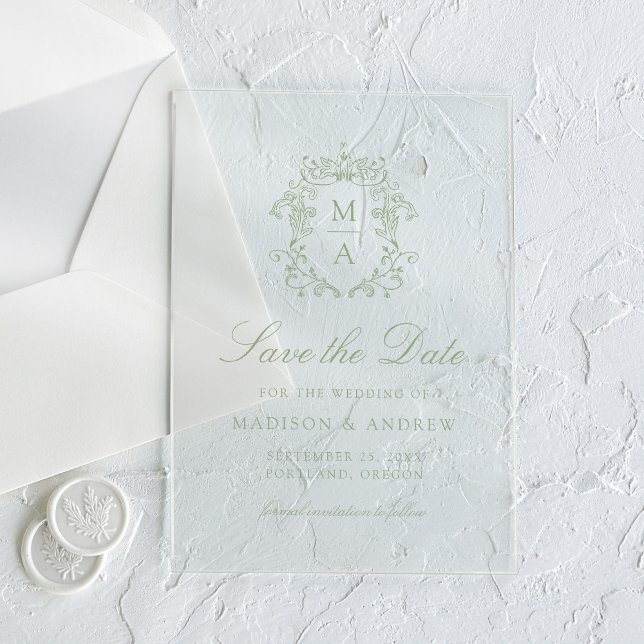 Elegant Sage Chinoiserie Wedding Save the Date Acrylic Invitations (Creator Uploaded)