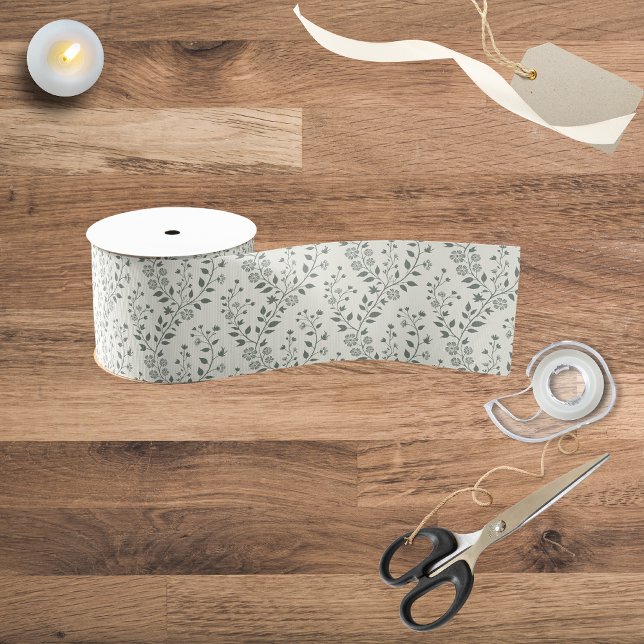 Elegant Sage Cream Minimalist Boho Floral Pattern Grosgrain Ribbon (Creator Uploaded)