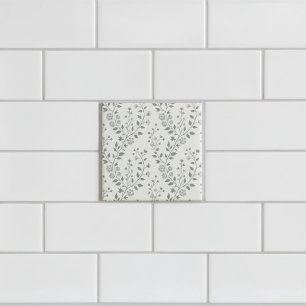 Elegant Sage Cream Minimalist Boho Floral Pattern Tile