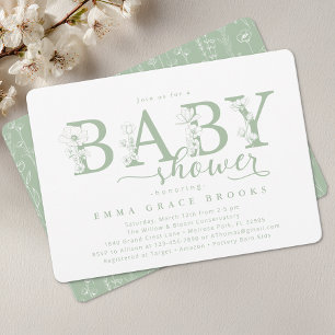 Elegant Sage Floral Baby Shower Typography Invitation