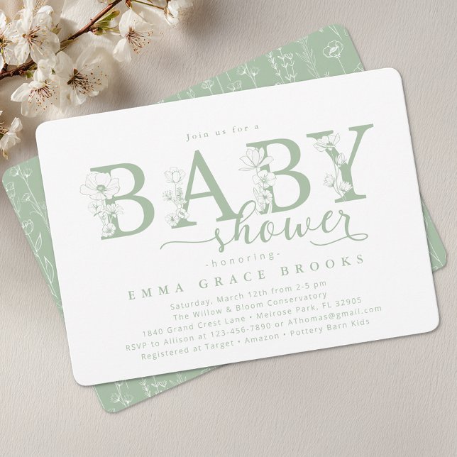 Elegant Sage Floral Baby Shower Typography Invitation (Baby Shower Invite)