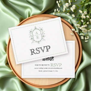 Elegant sage floral crest monogram QR code wedding RSVP Card