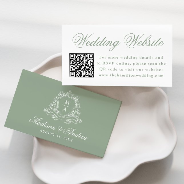 Elegant Sage Floral Crest Wedding Website QR Code Enclosure Card (Creator Uploaded)
