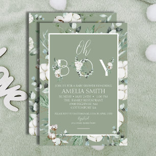 Elegant Sage Floral Oh Boy Baby Shower Invitation