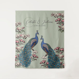 Elegant Sage Floral Peacock Wedding Backdrop Tapestry