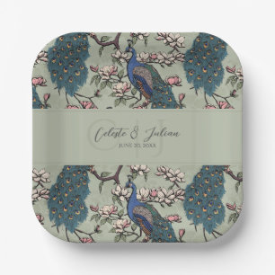 Elegant Sage Floral Peacock Wedding Paper Plate