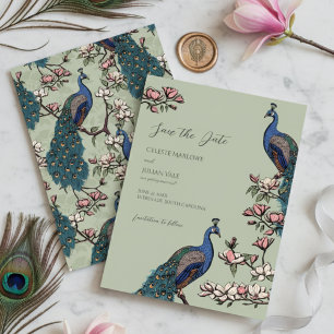 Elegant Sage Floral Peacock Wedding Save The Date