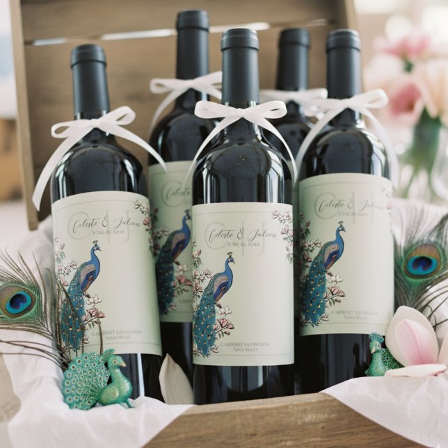 Elegant Sage Floral Peacock Wedding Wine Labels (Elegant Sage Green Peacock Wedding Wine Bottle Labels. Rustic Teal Peacock Bird, Magnolia Flowers)