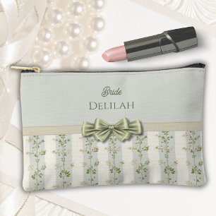Elegant Sage Floral Stripes Bride Gift Cosmetic Accessory Pouch