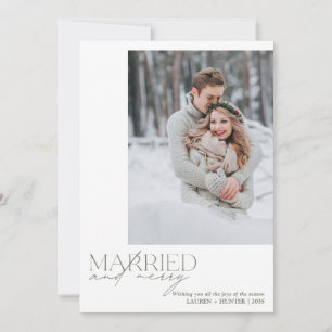 Elegant Sage Gingham Married & Merry Holiday Card