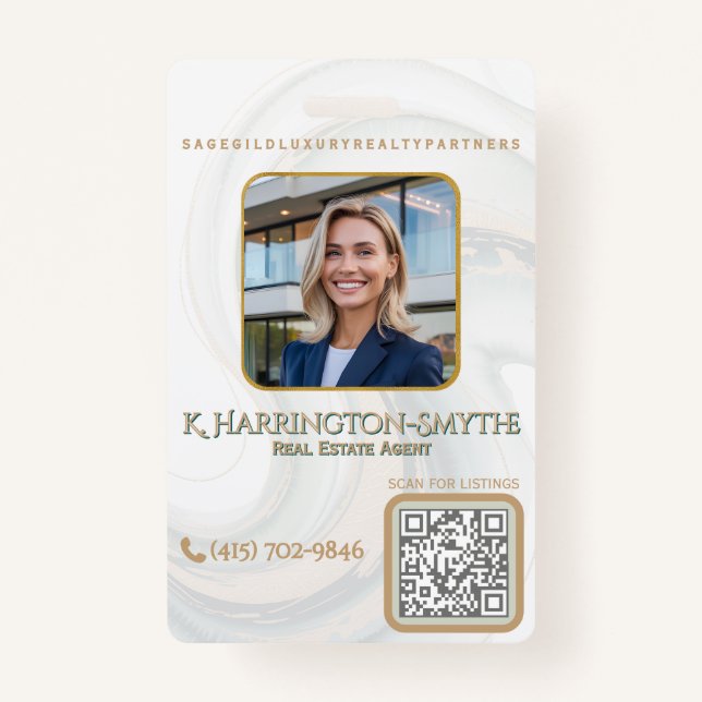 Elegant Sage Gold Realtor Photo ID/QR Code Contact ID Badge (Front)
