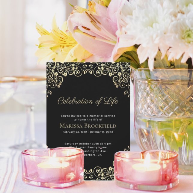 Elegant Sage Gold Swirls Celebration of Life Invitation (Creator Uploaded)