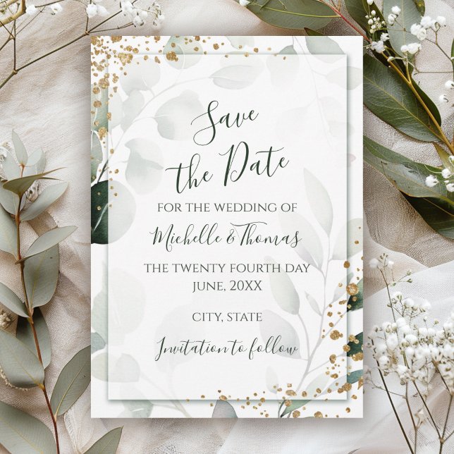 Elegant Sage Gold Watercolor Eucalyptus Greenery Save The Date (Creator Uploaded)