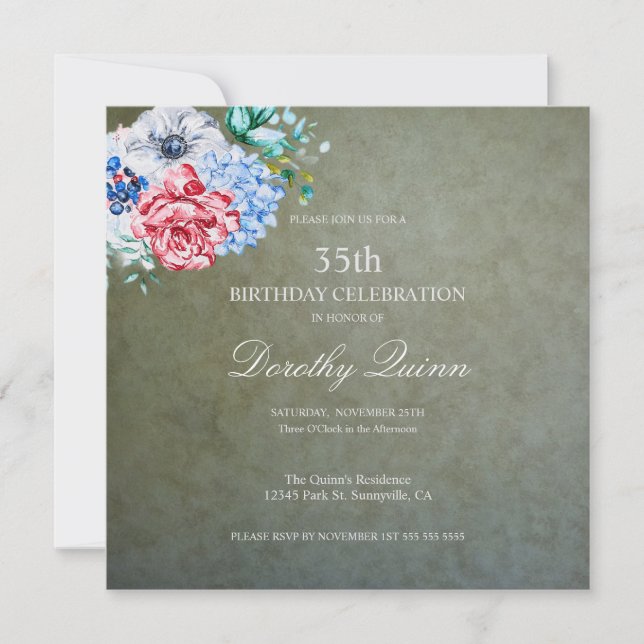 Elegant Sage Gold Watercolor Floral Birthday Invitation (Front)