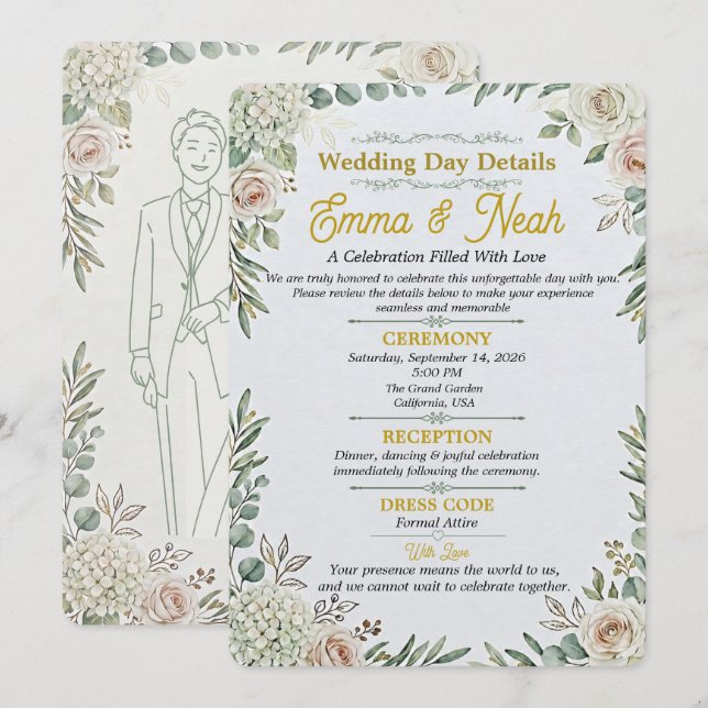 Elegant Sage Gold Wedding Details Card (Front/Back)