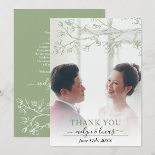 Elegant sage gree, white blossoms wedding photo thank you card